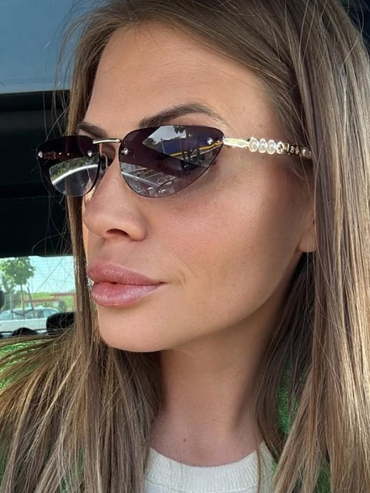Luxury Designer Style Style Rimless Pearl Sun Glasses Glasses Ladies Fashionable Cat Eye Durable Metal Metal Frameless Sunglasses Latest Arrival