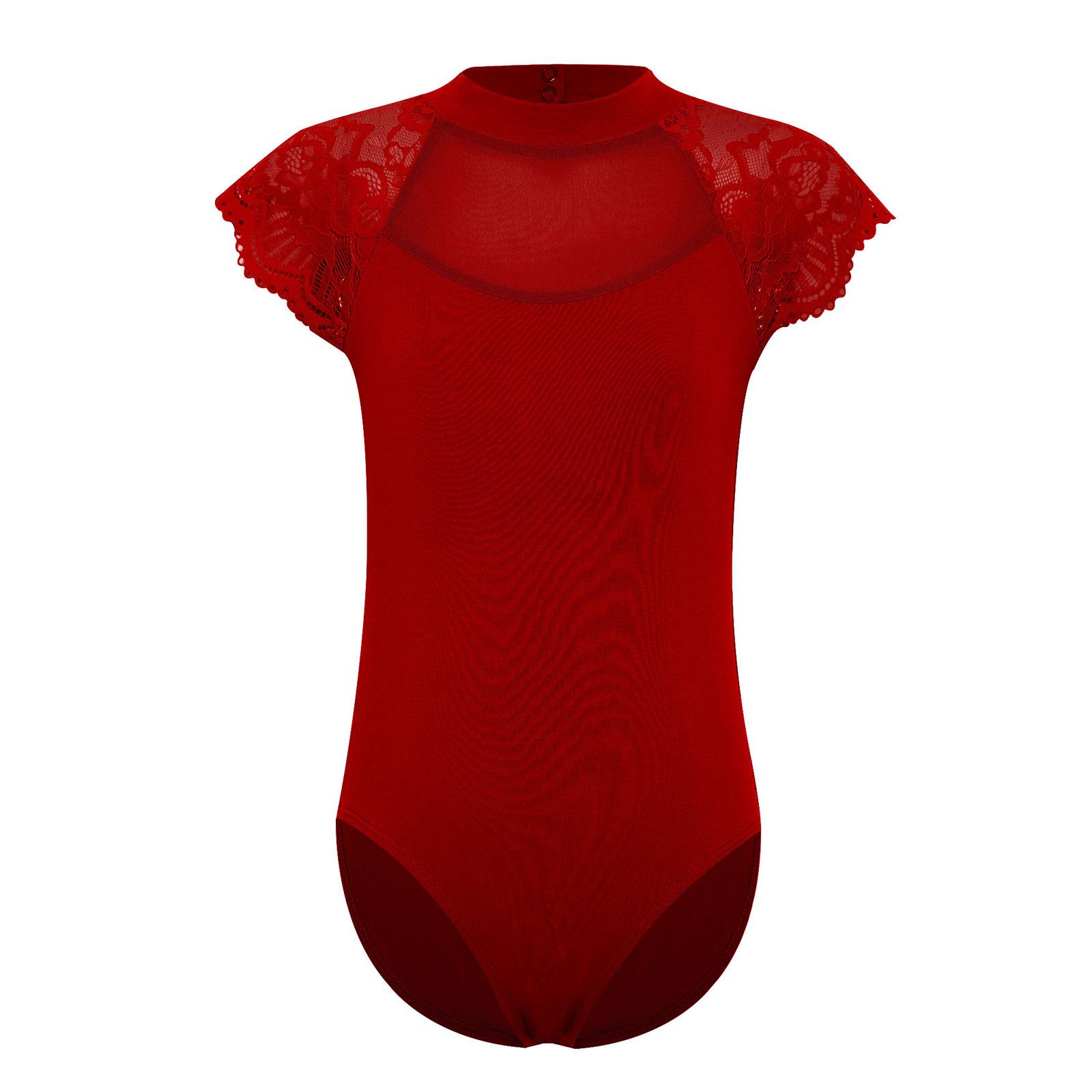 

Girls Lace Cap Sleeves Dance Leotard Sheer Mesh Patchwork Cutout Bodysuit Ballet Practice Dancewear 11-12 Years бордовий