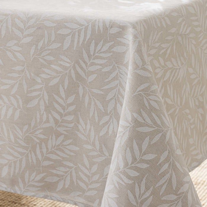 Nappe effet lin - EDEN - Naia - 140 x 240 cm - Feuilles sauge sur fond beige - Polycoton, entretien facile
