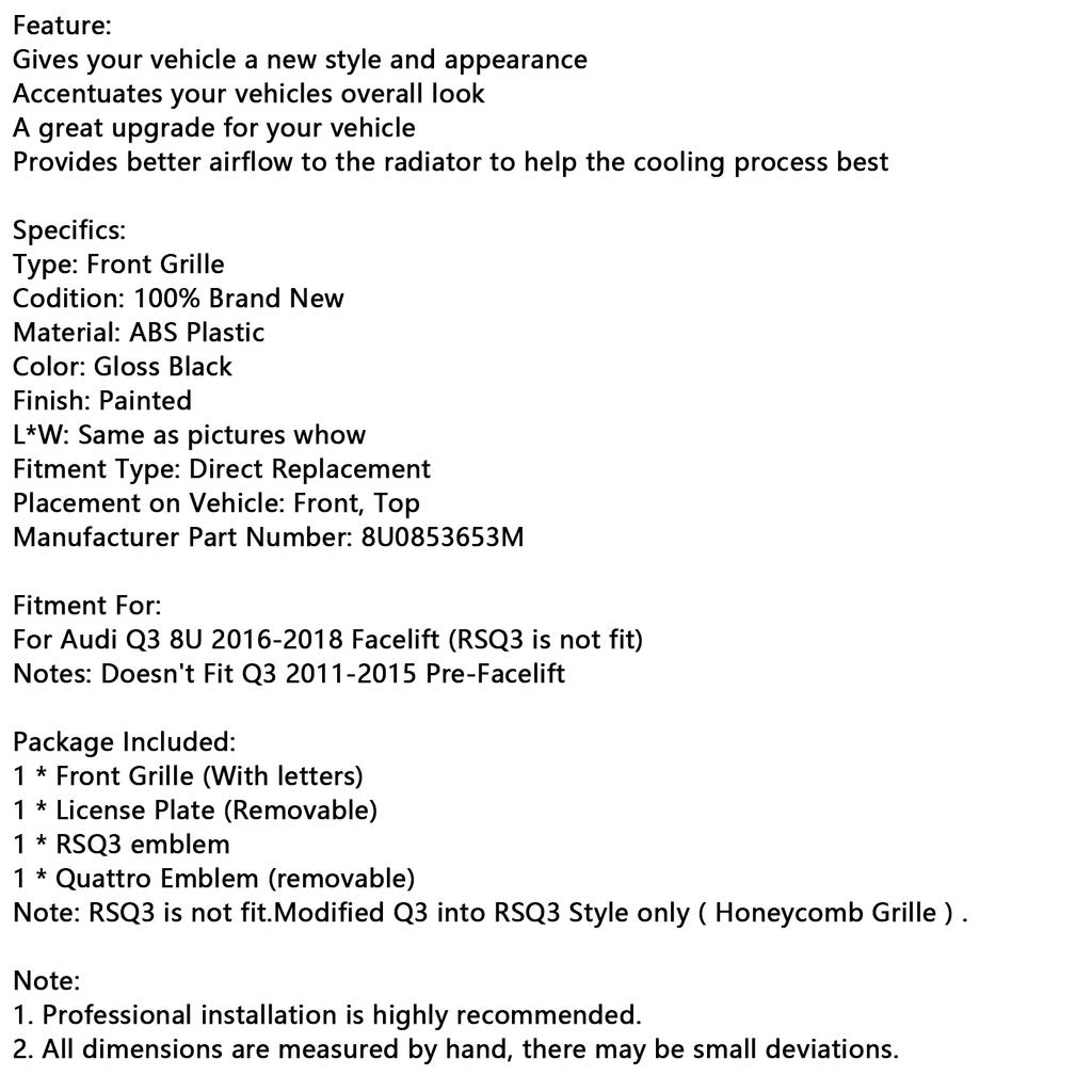 RSQ3 Style Front Honeycomb Grill Grille 8U0853653M Fit Q3 2016-2018 Gloss Black