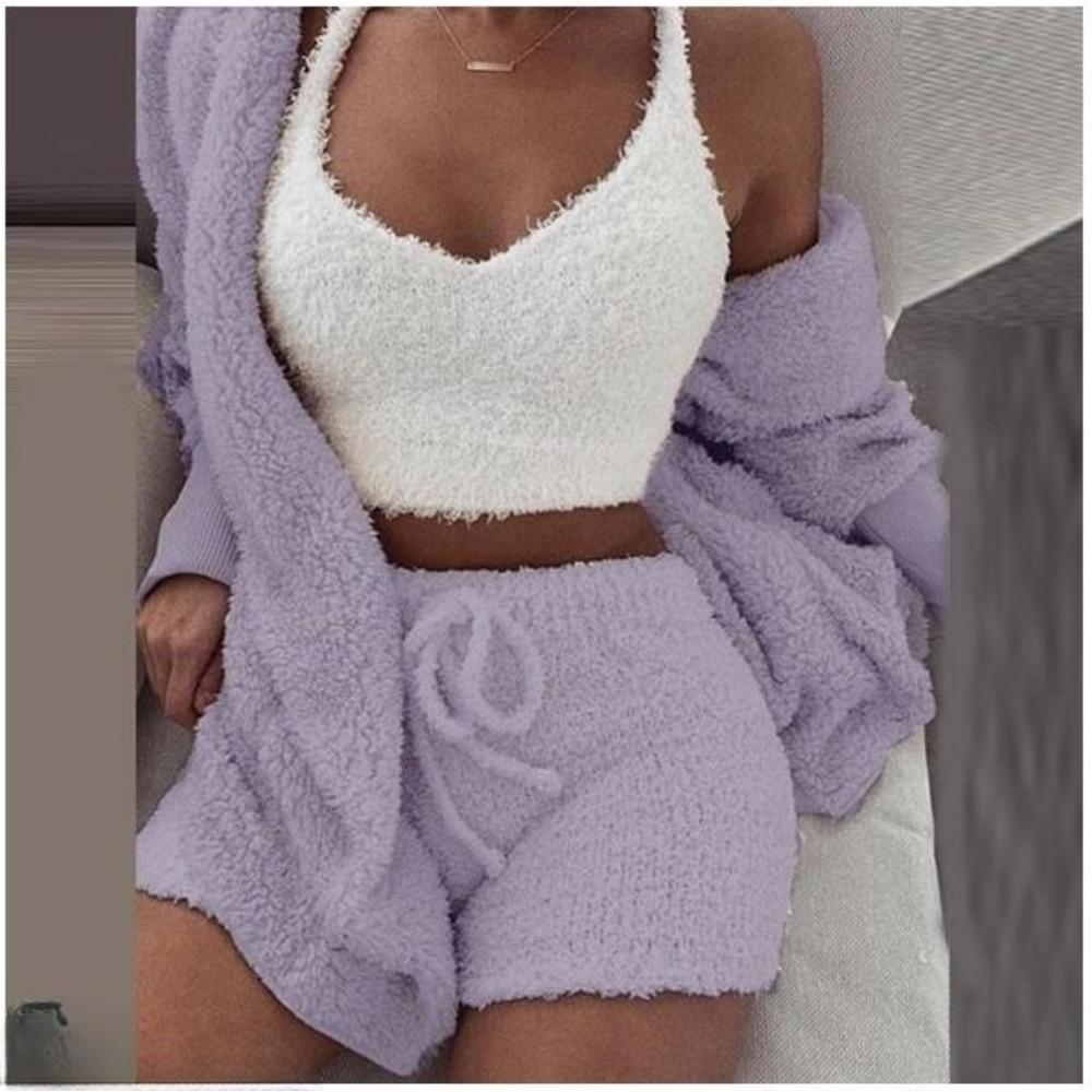 Women's Loose Fit Three Piece Loungewear Long Sleeve Fuzzy Cardigan V Neck Tank Drawstring Waist Shorts Winter Solid Tracksuit