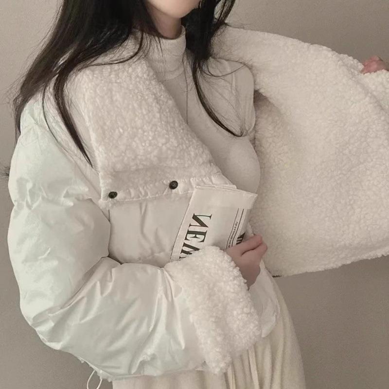 Women's Double-Sided Lambswool Cotton Puffer Jacket - Short Lapel, Loose Fit, Korean Style, Long Sleeve Winter Coat