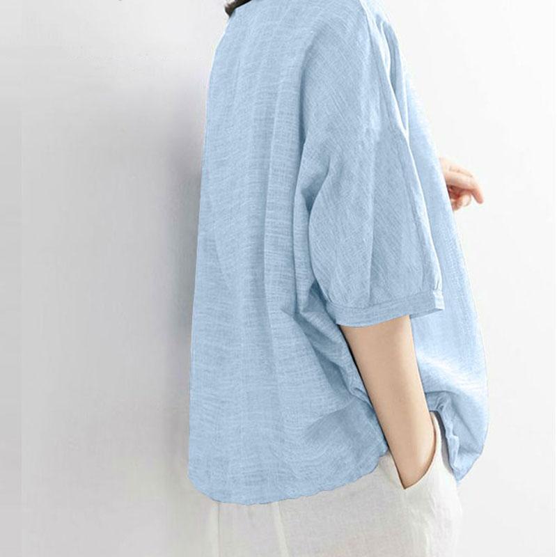 Women's Cotton Linen Short-sleeved Print T-shirt Female Summer Solid Color Loose Large Size Tops