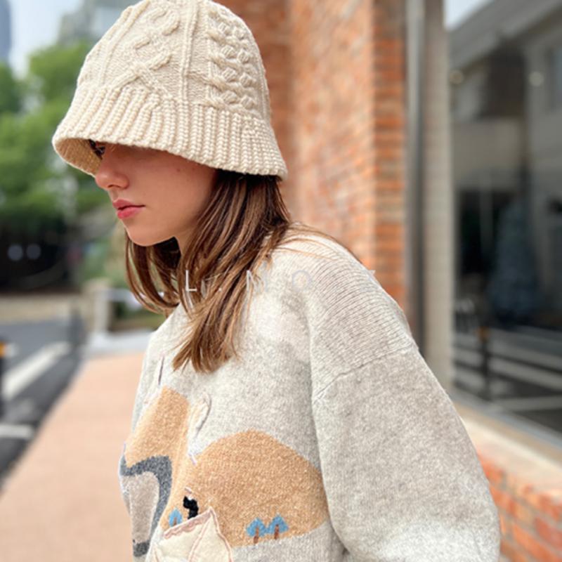 LOOKING4U Knit Cable Bucket Hat C1 Ivory