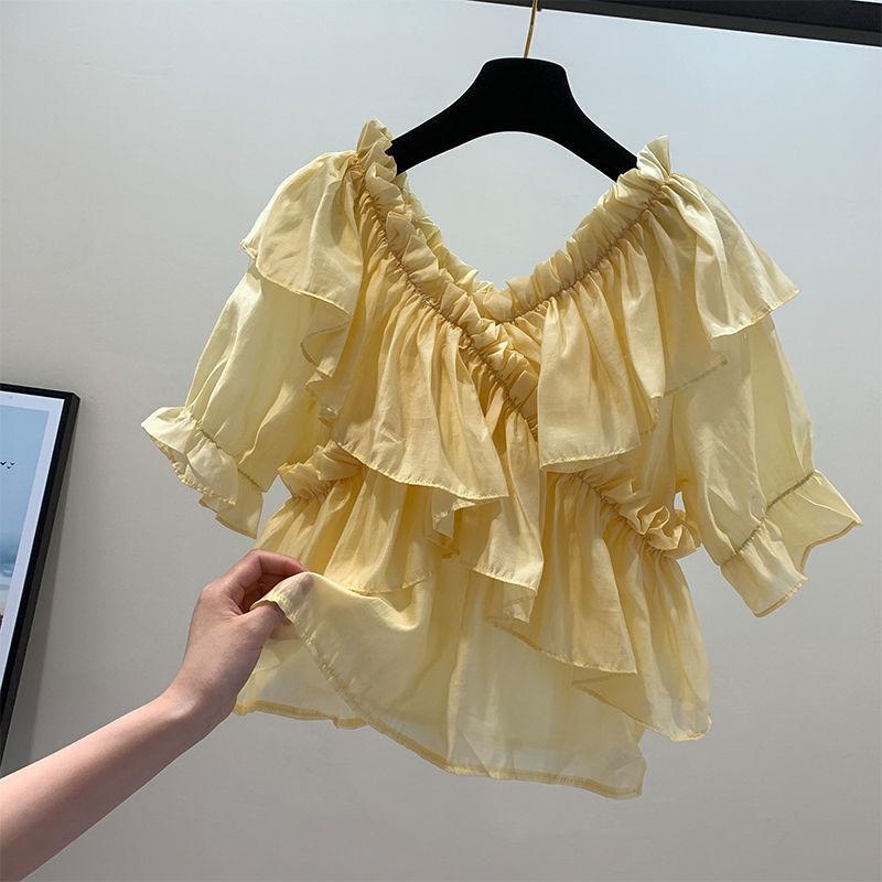 Bluză cu mânecă scurtă cu volane Top scurt de vară cu decolteu în V Cămașă verde