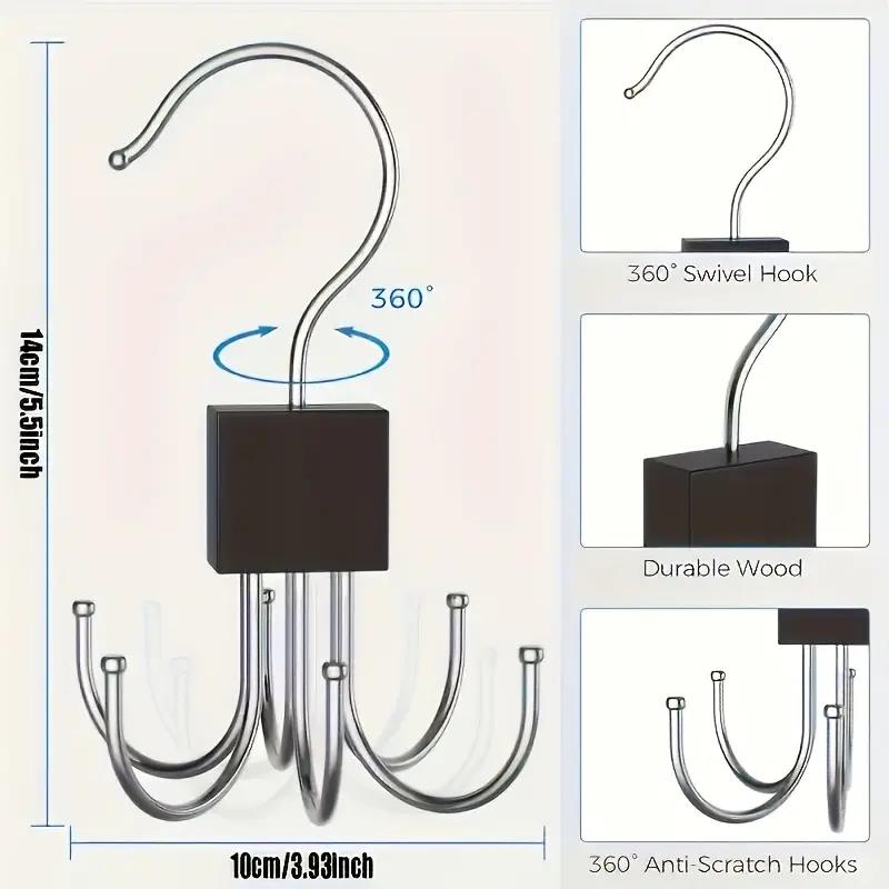 Space saving design with stainless steel hooks for rotating wood and multi-purpose hangers for belts, bras, ties, scarves, etc,