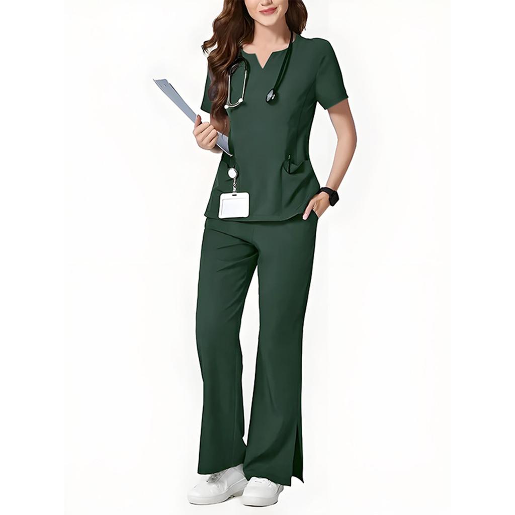 Ladies' Loose And Comfortable V,neck Short Sleeved Workwear With Multiple Pockets Suit Set