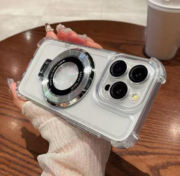 Luxury Plating Shockproof Magnetic Bracket for Magsafe Clear Case for iPhone 16 15 11 12 13 14 Pro Max With Holder Stand Phone Cover