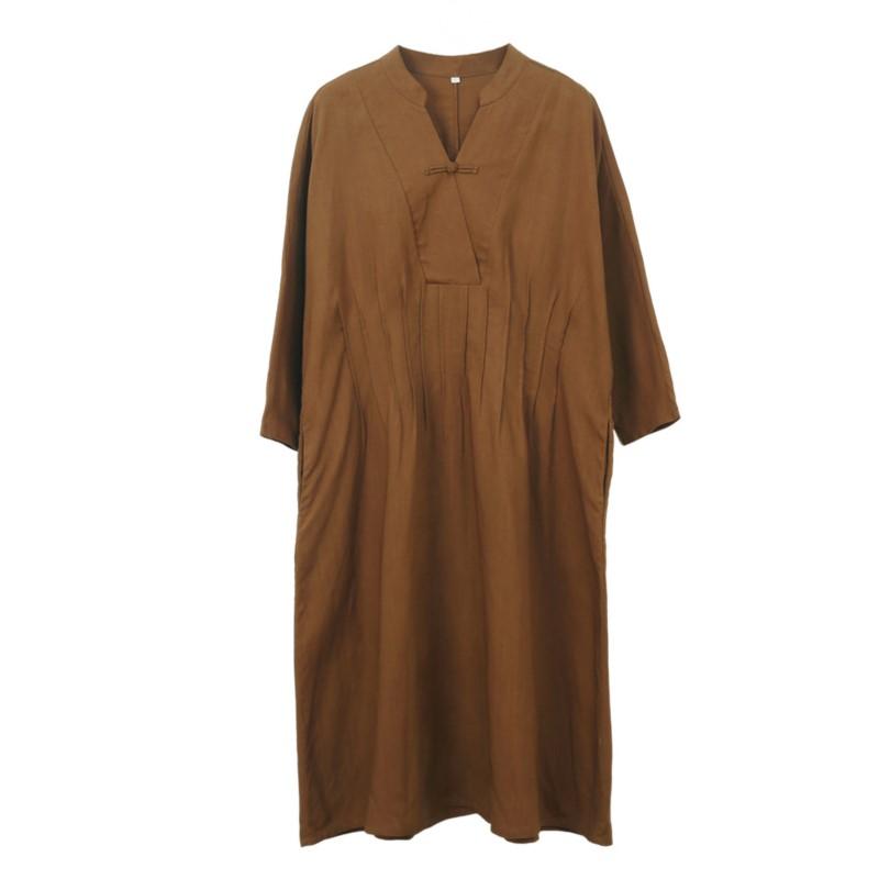 Johnature Women Vintage Dresses Stand Long Sleeve Spring Cloths Solid Color Fold Button A-Line Dresses