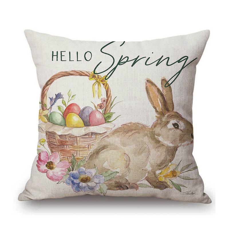 Happy Easter Decoration Art Cute Bunny Rabbit Eggs Spring Cotton Linen Sofa Throw Pillow Case Decorative Cushion Cover
