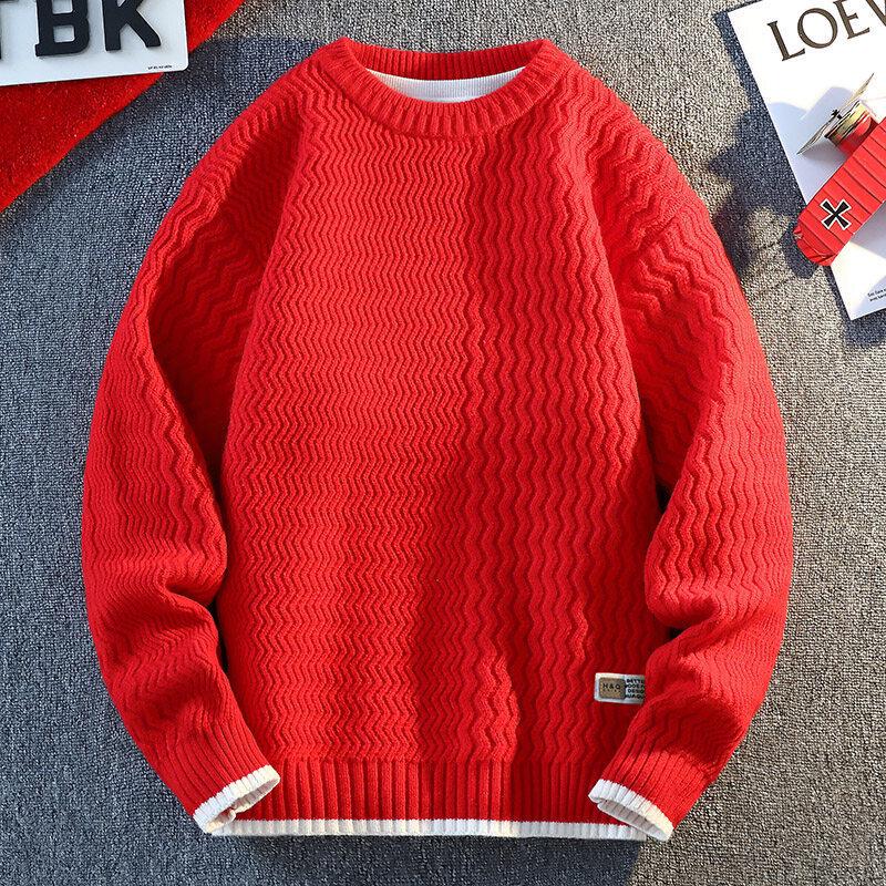 2024 Men's Autumn/Winter Loose Knit Sweater with Shirt Collar, Plus Velvet Two-Piece Look