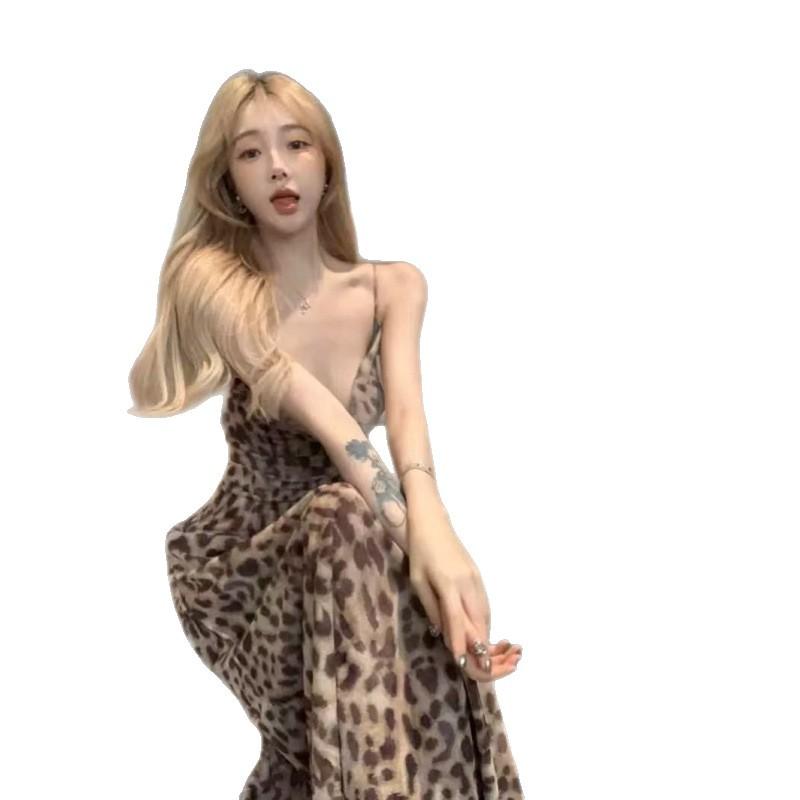 Retro Leopard Print Swinging Collar Suspender Dress Women's Clothing Summer Slim-fit Spice Girl Long Dress Showing Figure and Waist A-word Skirt
