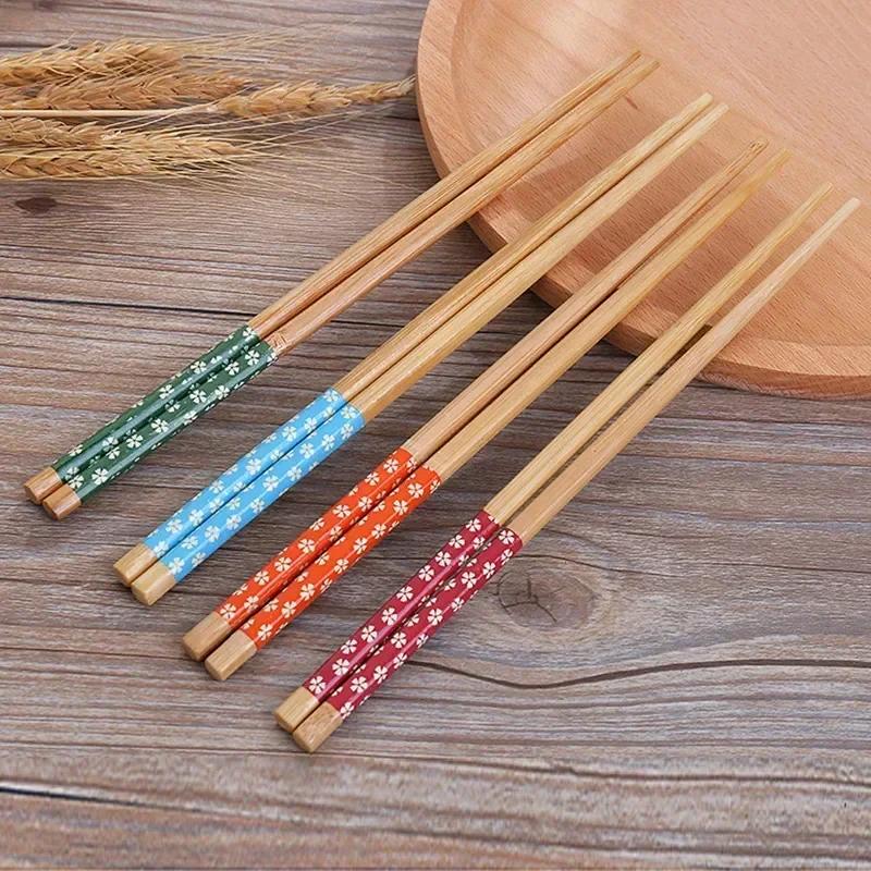 1Pairs Reusable Chinese Classic Wooden Chopsticks Traditional Vintage Handmade Natural Flower Bamboo Chopsticks Sushi Tools