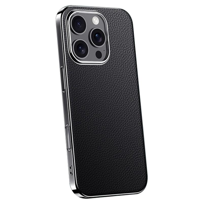 For iPhone 16 Pro Case Electroplating Genuine Cow Leather+PC Drop Resistance Phone Cover
