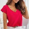 V-Neck Short Sleeve Breathable Simple T-shirt Women Solid Color Pullover Top Streetwear