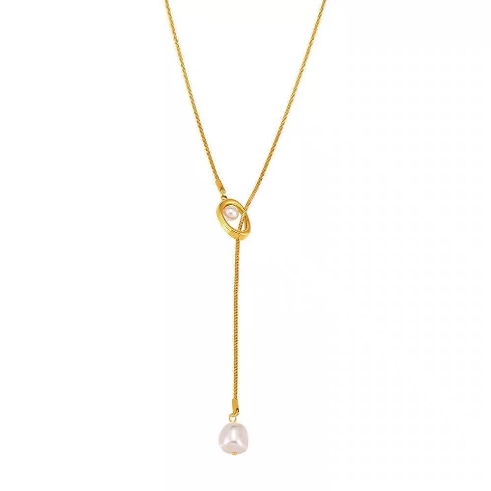 Stainless Steel Pull-out Adjustable Chain Baroque Pearl Pendant Long Necklace for Womens Fashion Sweater Chain New Jewelry