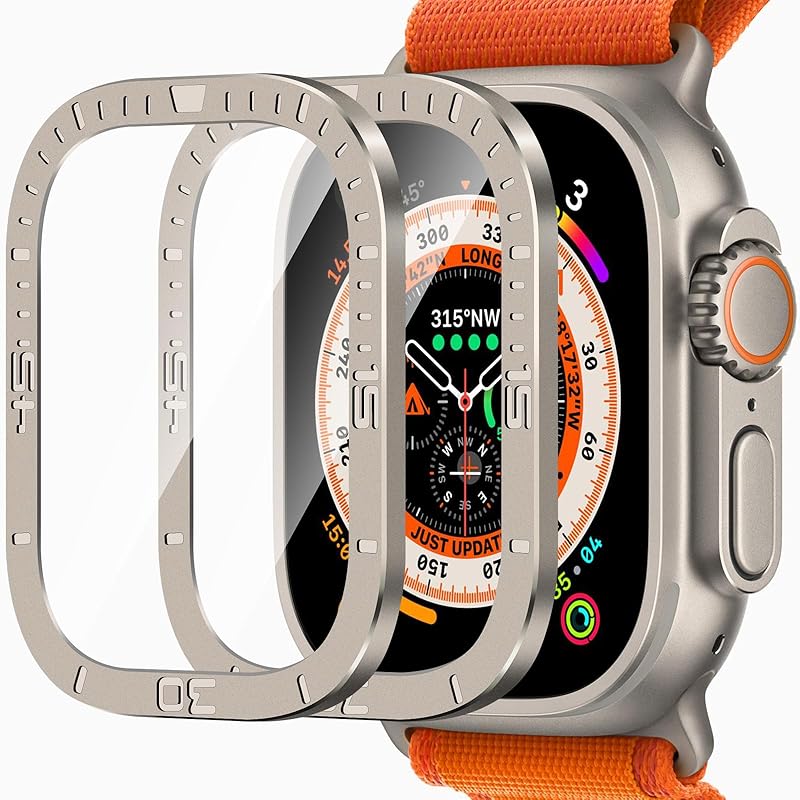 Amizee 2 Pack Metal Case Compatible with Apple Watch Ultra/Ultra 2 Screen Protector Case 49mm with Tempered Glass, Metal Frame Built In HD Glass