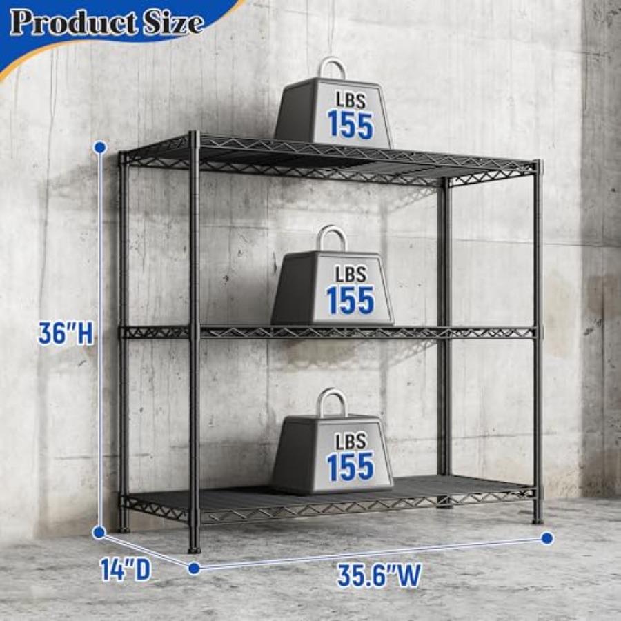 3- Shelf Metal Shelving Unit 35.6Wx14Dx36HAdjustable Storage Shelves Heavy Duty Garage Steel Shelving for Office Wire Rack Smal