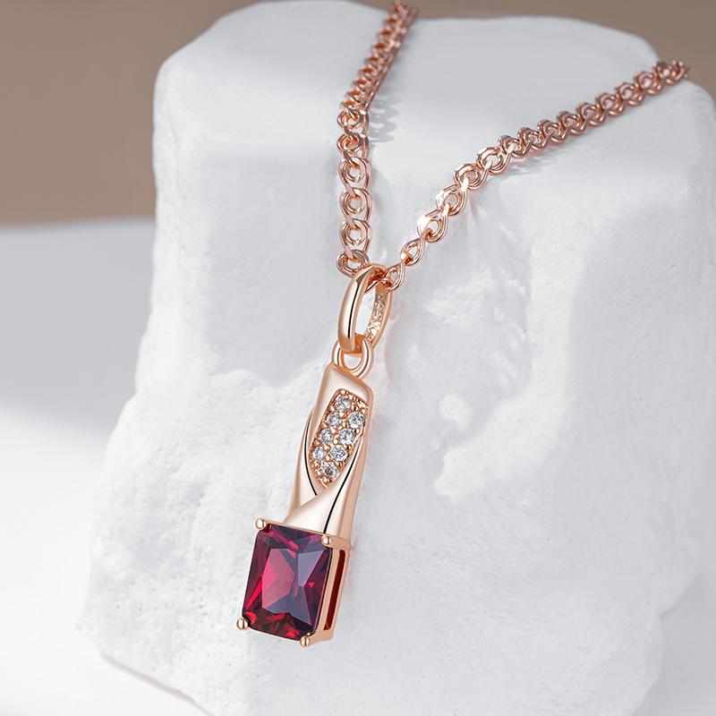 Shiny Square Red Natural Zircon Pendant Necklace For Women  Rose Gold Color High Quality Daily Fine Vintage Jewelry