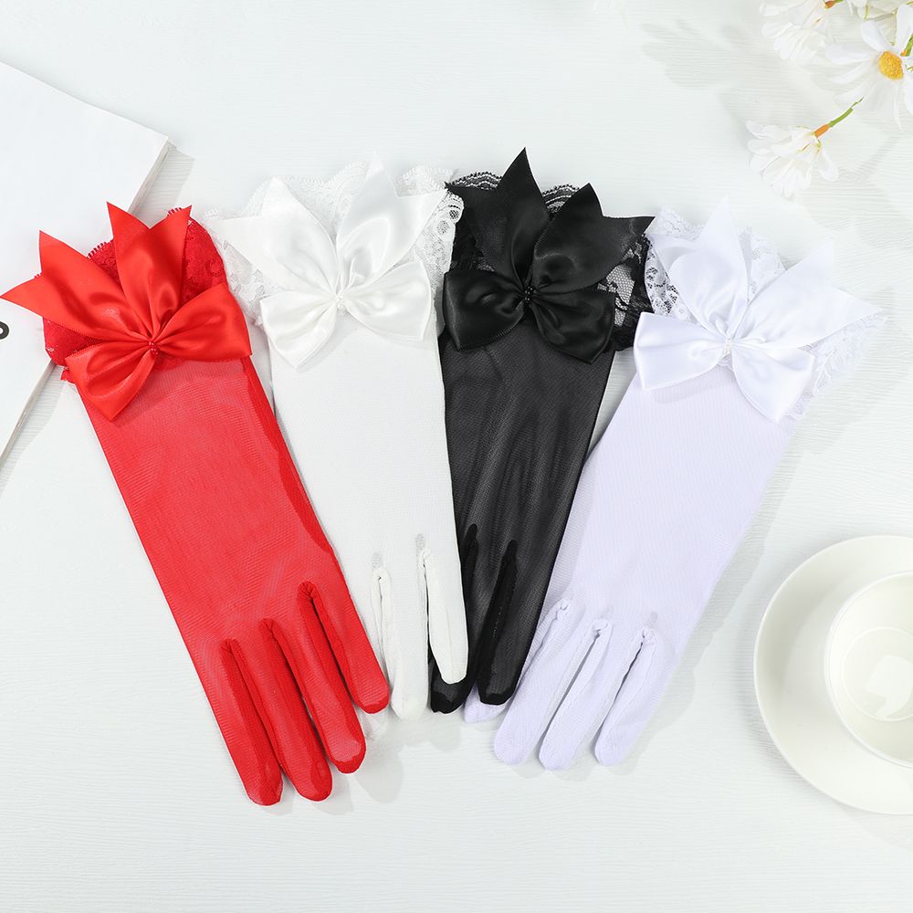 Women Chiffon White Bride Mittens Lace Gloves Driving Gloves Bow