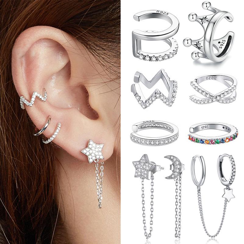 BAMOER 925 Silver Mono Clip Earrings for Girl CZ Platinum Plated Ear Cuffs Non Piercing for Women Wedding Party Jewelry