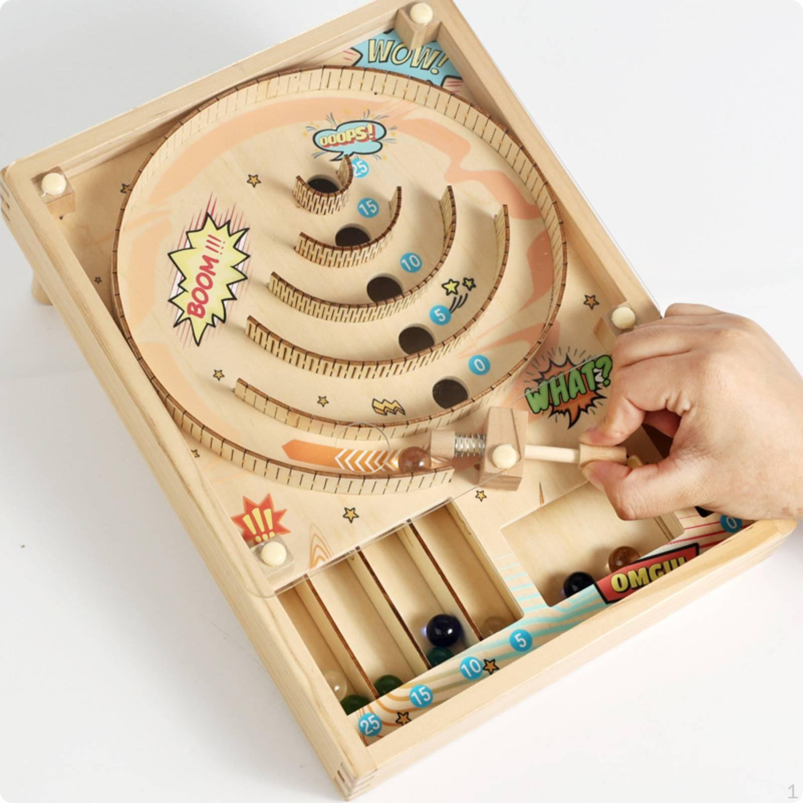 Wooden Marble Pinball Machine GlassLike Panel Tabletop Game Orb Play Set a