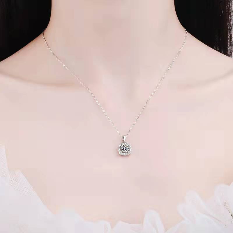 6.5mm Cushion Halo Round Cut Moissanite Pendant Necklace S925 Sterling Silver For Women