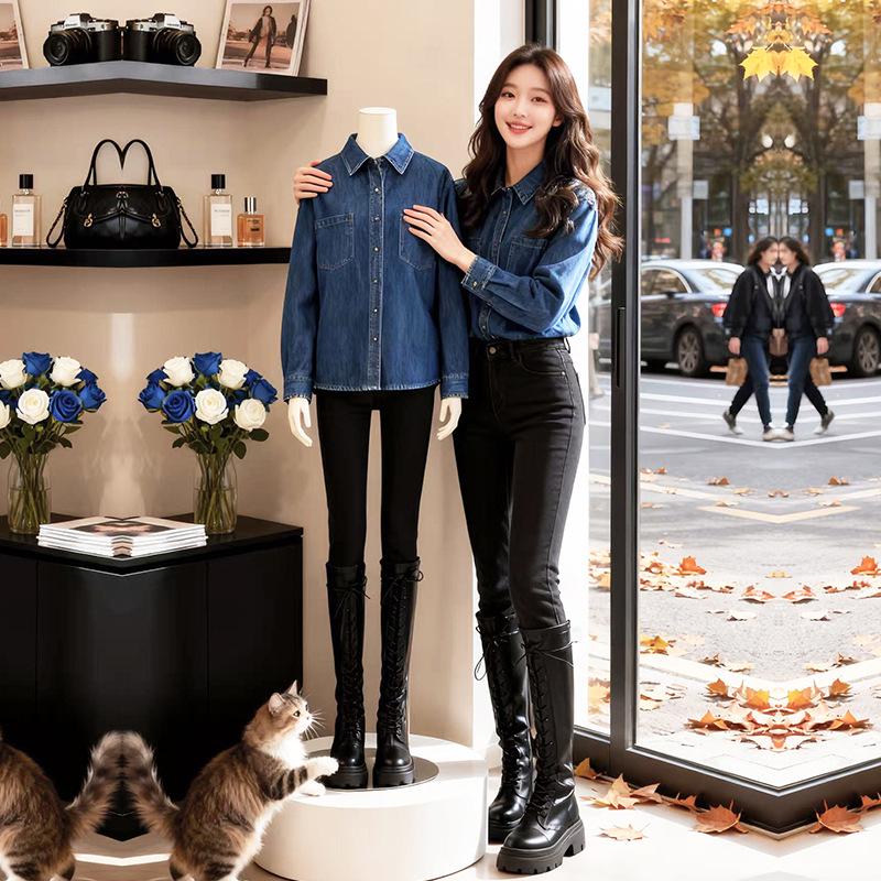 Women s 2025 Korean Chic Retro Slimming Denim Shirt - Petite, Casual, Versatile Top S