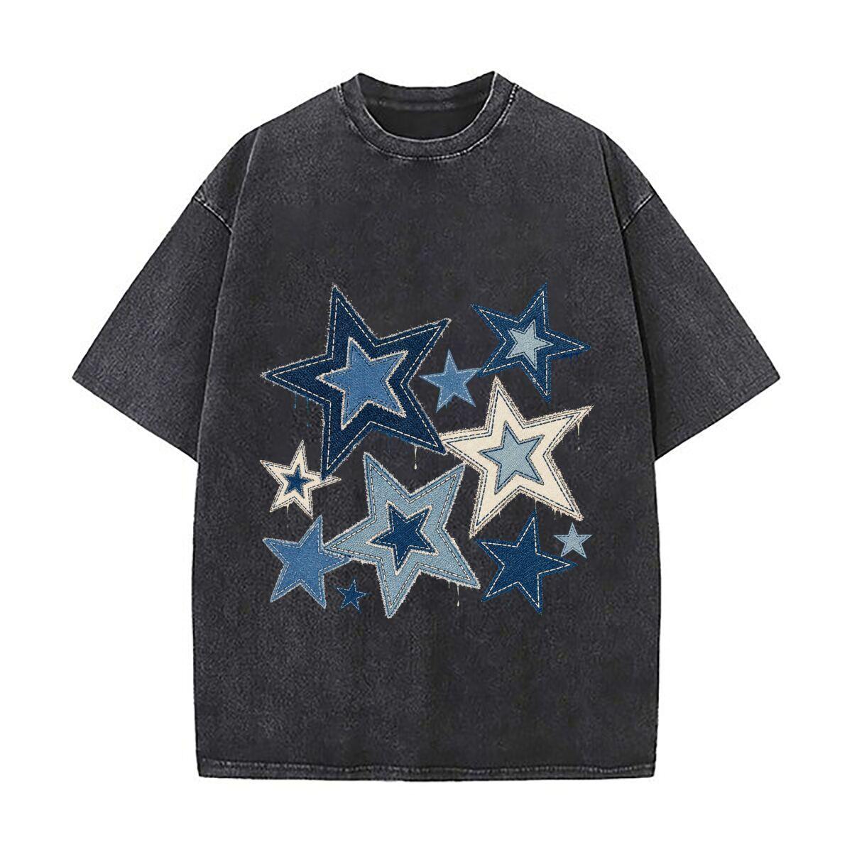 Distressed Indigo Star Patch Set Washed Faded Vintage Short Sleeve Fashion Versatile Daily Tee S