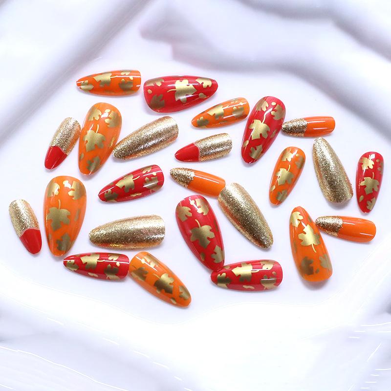 Hot-selling nail art autumn simple small fresh and elegant maple leaf gold glitter long almond wear armor