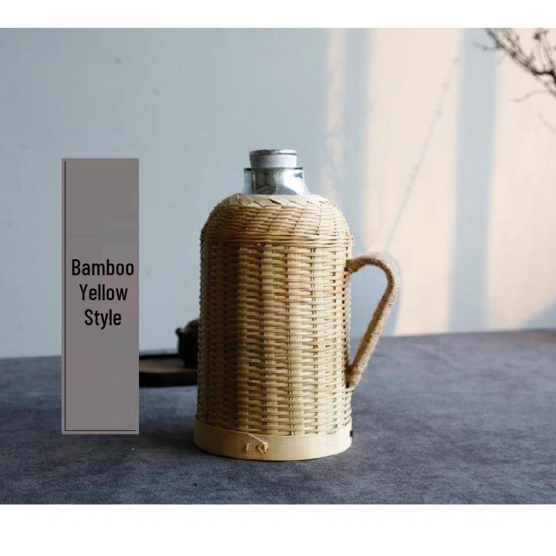 Vintage Bamboo Rattan Woven Hot Water Bottle - Retro Thermos Flask