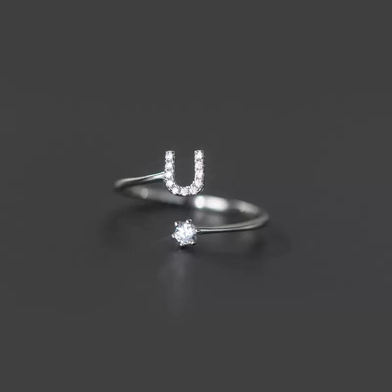 Fashion 925 Silver 26 Letter Ring Sparkling Diamond Zircon Open Ring Index Finger Your Ring Birthday Party Jewelry