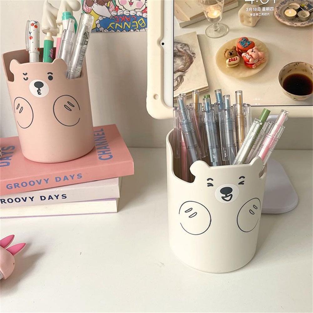 Cute Bear Pencil Holder Plastic Makeup Brush Holder Desktop Organizer Storage Box Pen Pot Phone Holder Kawaii Stationery Contain