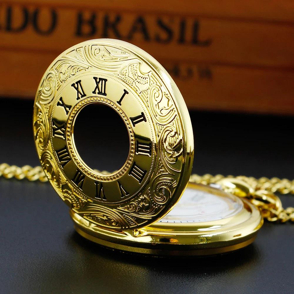 Acrylic Mirror Luxury Gold Pocket Watch Antique Vintage Design Quartz Chain Clock Pendant Jewelry Timepiece Gift for Women Men