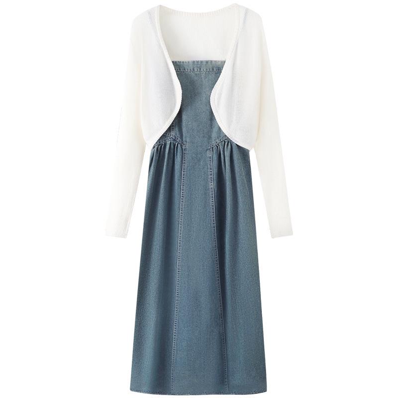 Women's 2024 Summer French Retro Denim Knot Cardigan & Camisole Dress Set