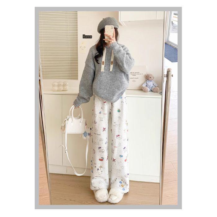 

Женские флисовые спортивные штаны из овечьей шерсти с мультяшными граффити - Широкие штанины, Эластичная талия, Прямые штанины, Осень/Зима. S