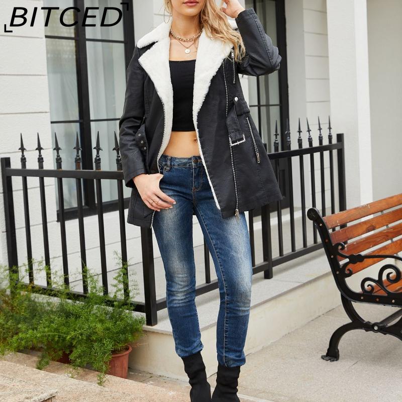 BITCED Autumn/Winter Long-Sleeved Fleece-Lined Leather Jacket for Women with Lapel Collar, Double-Ended Zip and Belted Waist for Warmth