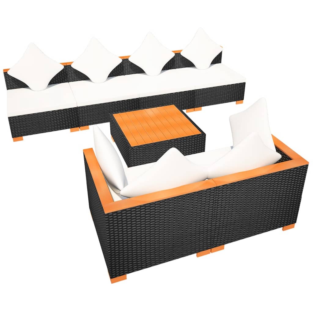 7 piece garden lounge set with cushions poly rattan black