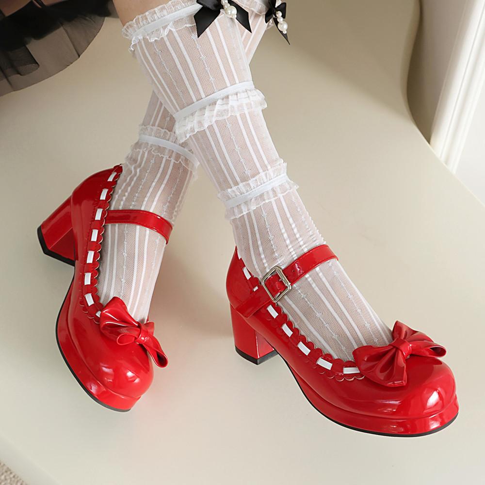 Fashion Size 34-48 Woman Med Heel Lolita Shoes Patent Leather Cute Bow Mary Jane Pumps Bride Wedding Cosplay Party Red Pink Black Green