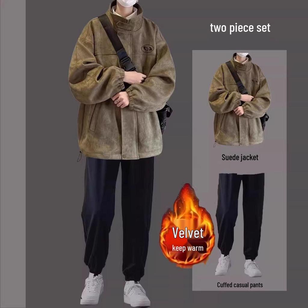 Men's Trendy Three-Piece Set: Autumn/Winter Suede Jacket, Cotton Coat, Casual Student Outfit