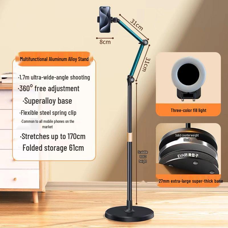Multifunctional Floor & Bedside Mobile Phone Holder for Streaming, Overhead & Low-Angle Shots, Retractable Stand for Videos & TikTok