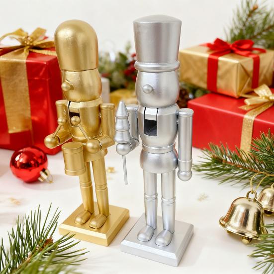 25CM Christmas Wooden Nutcracker Figurine Golden Silver Color Cartoon Soldier Figure Festival Holiday Party Ornament Decoration