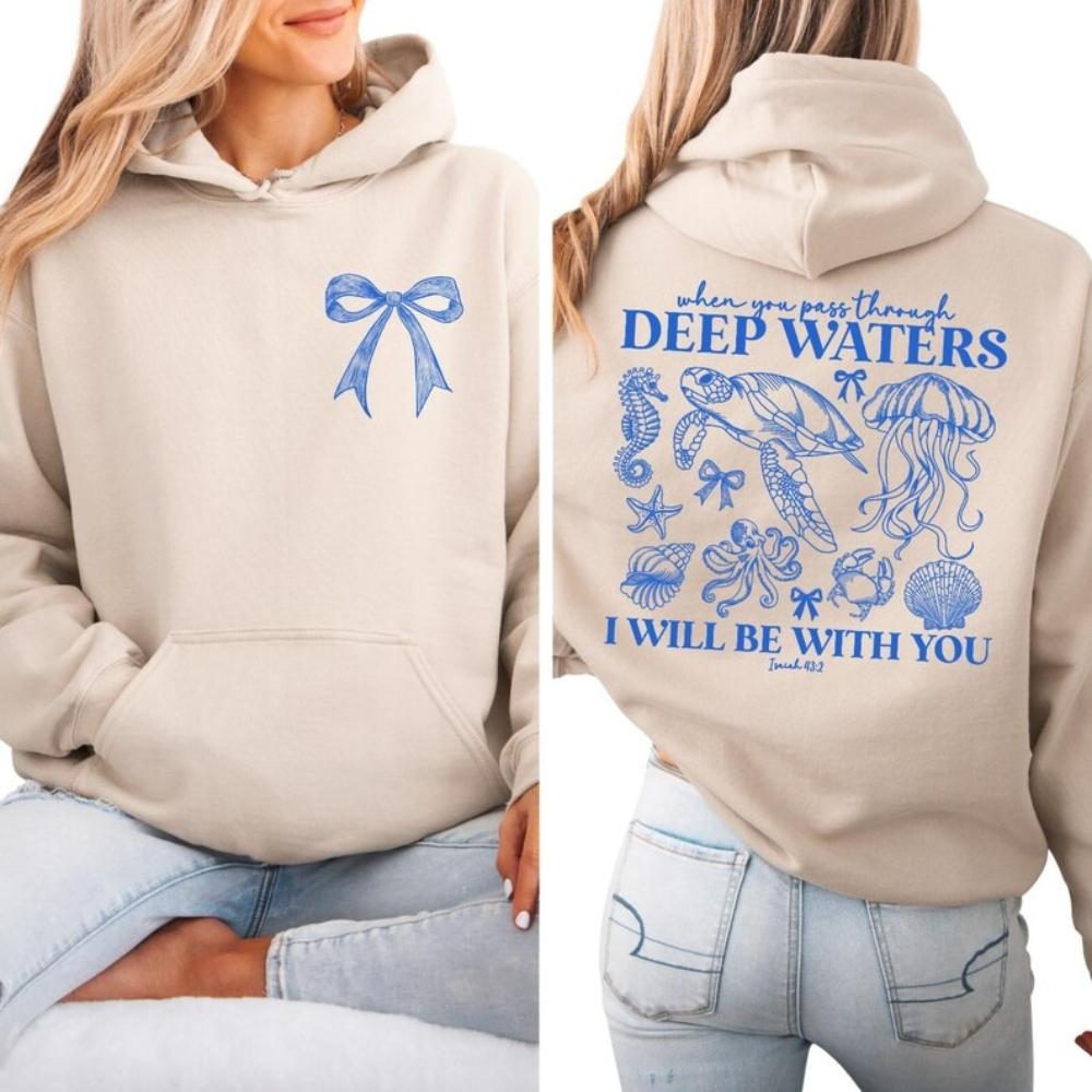 Deep Waters Christian Hoodie Isaiah 43-2 Bible Verse Sweatshirt Faith Ocean Turtle Jellyfish Graphic Hoodies Tops