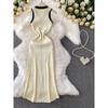 French Style Contrast Color V-neck Single-Breasted Sleeveless Dress Women Casual Knitted Stretch Waist Hugging Slimming Sheath Long Skirt