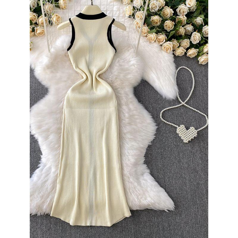 French Style Contrast Color V-neck Single-Breasted Sleeveless Dress Women Casual Knitted Stretch Waist Hugging Slimming Sheath Long Skirt