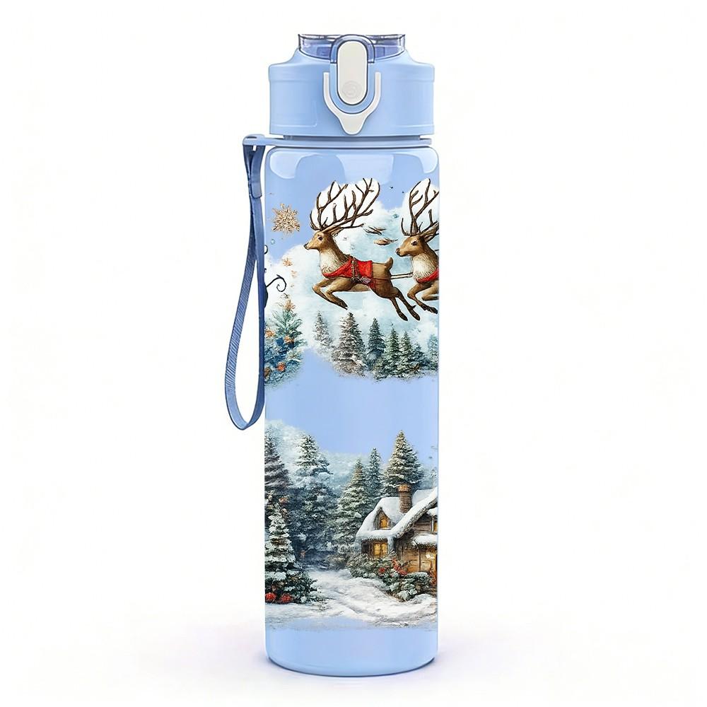 1PC Winter Cabin Snow House Scene Print 750ml Color Plastic Sports Water Bottle Leakproof Flip Straw Lid Suitable for Sports Office Home Use