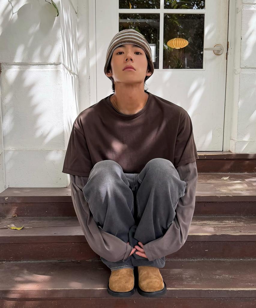 SUPERSUB [Set] Vintage Color Block Layered Long Sleeve T-Shirt Set - Brown/Dusty Gray