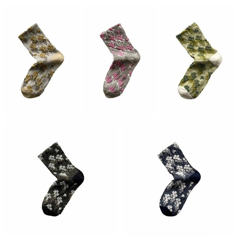 5Pairs Breathable Floral Short Socks Patchwork Retro Socks Comfortable Mid Tube Socks  Autumn