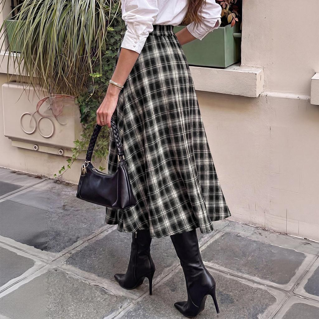Women's Vintage Plaid High-Waist A-Line Casual Midi Skirt