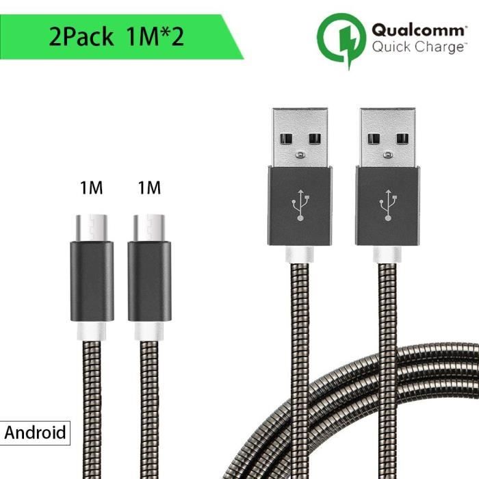 Câble Micro USB - Métal Noir - Lot de 2 - 1M - Compatible Android - Recharge rapide - Élégant